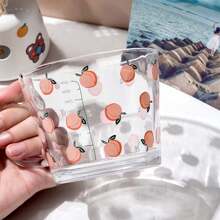 1pc Household Glass Cup For Milk, Oatmeal, Breakfast With Scale, Lid, Spoon, Printed Design For Students