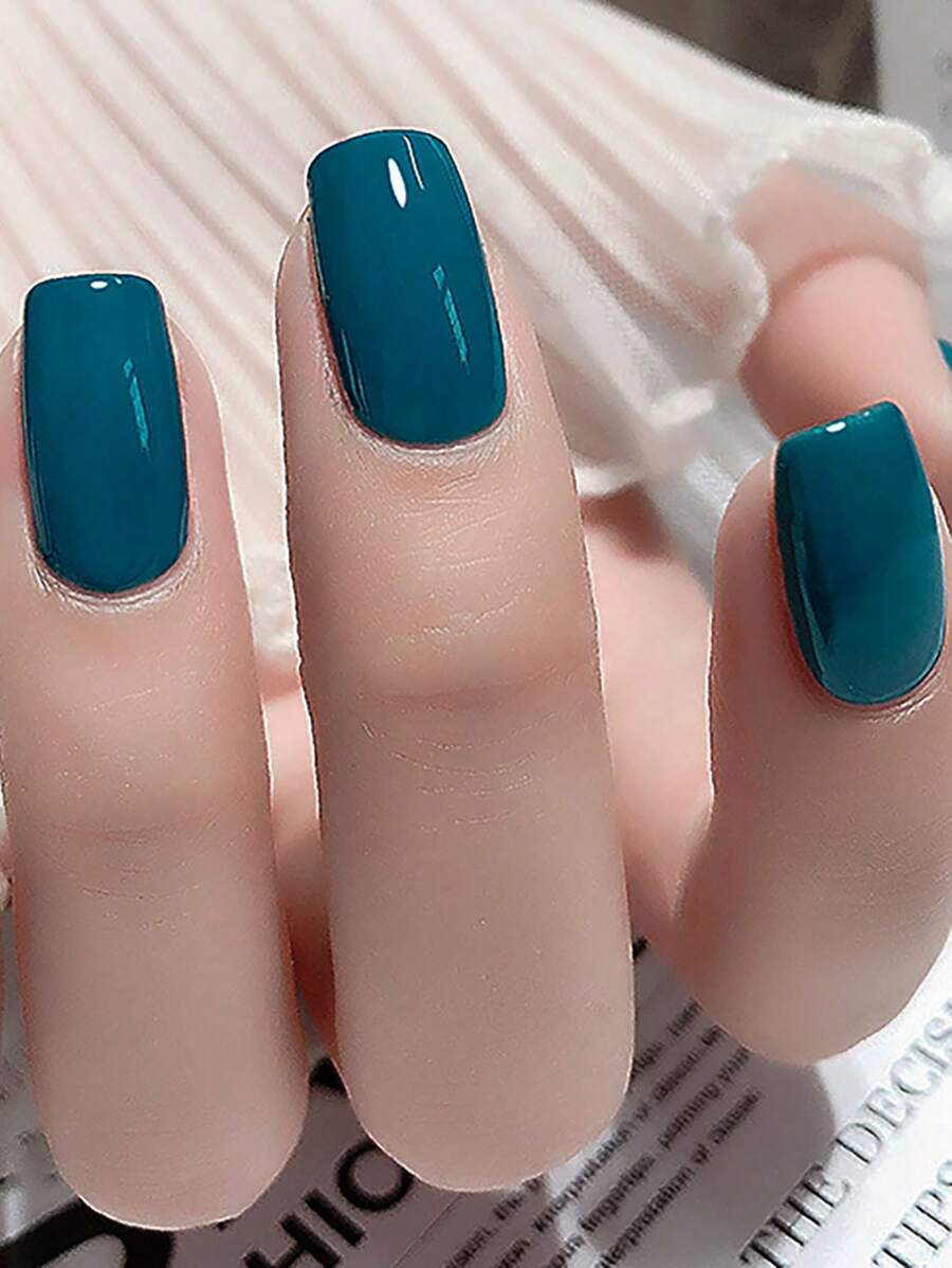 24入組簡約孔雀藍色指甲套裝,適用於派對、舞會和日常穿著,附有果凍凝膠和指甲文件 - 水鴨藍 - 查看 1