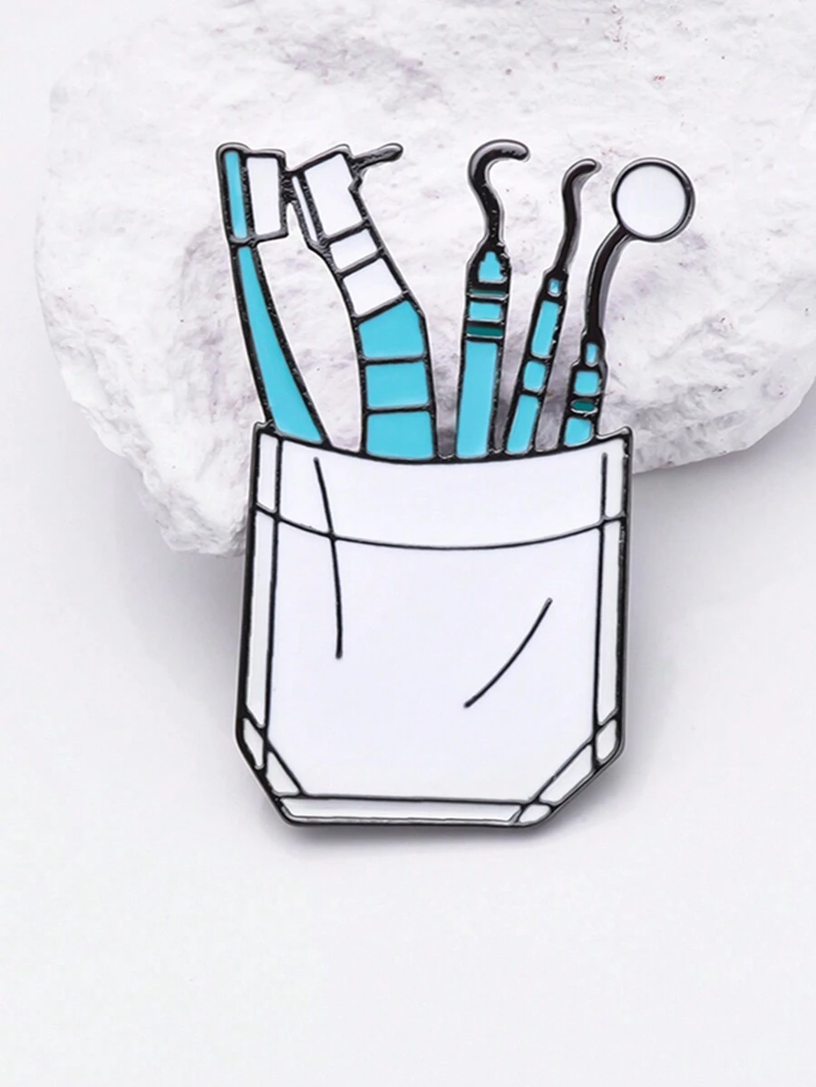 1入組卡通風格時尚彩繪牙科醫療器械胸針,適合牙醫和護士在日常生活中佩戴 - 白色 - 查看 1