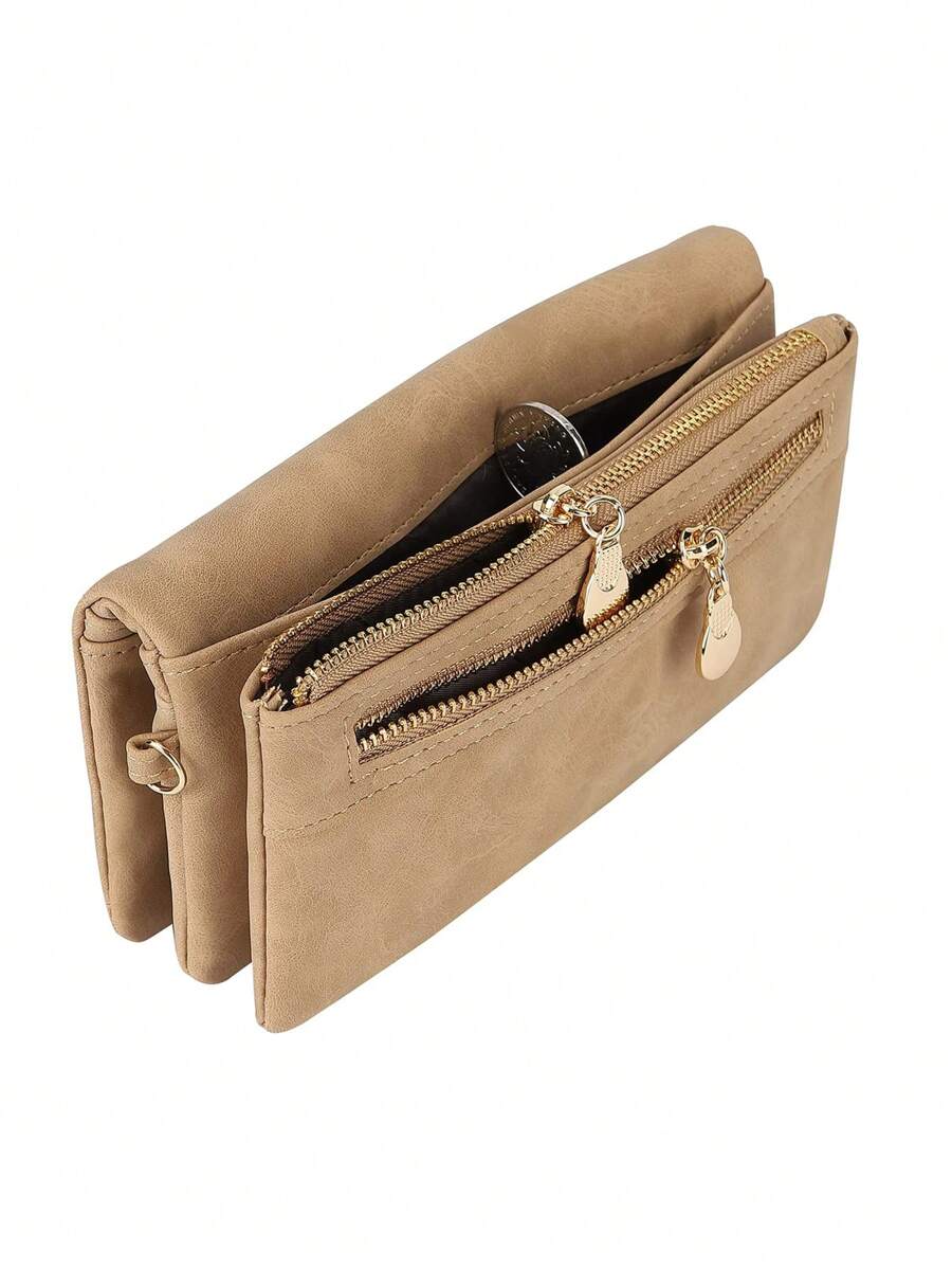 MIYIN 复古女士极简大容量对折PU皮钱包，带拉链口袋，女士手拿包，带卡槽和身份证窗口，适合日常使用，米色，可用作礼物、商务/休闲钱包、长款钱包或手腕包。