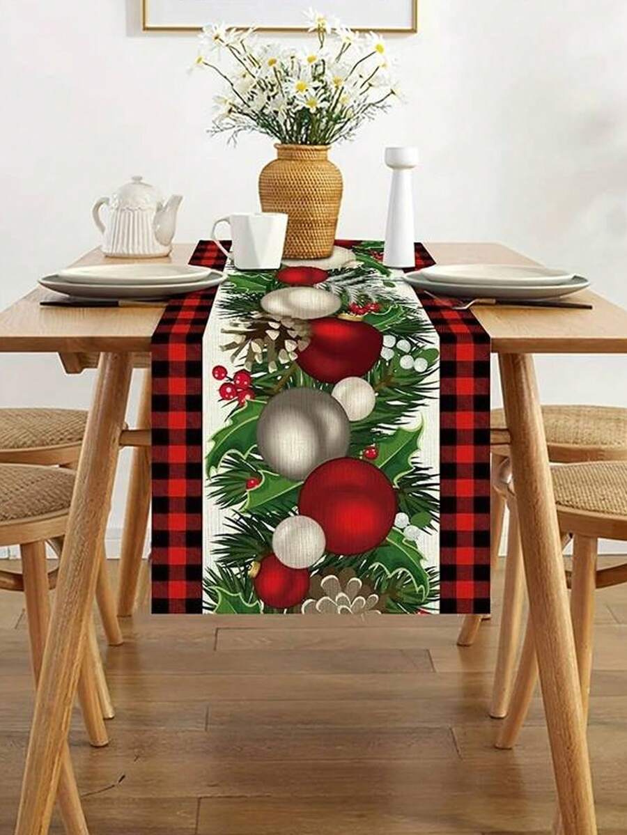 1pc Linen Red & Black Buffalo Check Christmas Table Runner, Rustic Winter Holiday Home Kitchen Table Decor - Multicolor - View 1