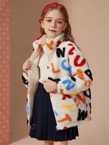Girls' Casual Sporty Style High Neck Padded Coat With Letter Pattern Design, Winter - Multicolor - View 9