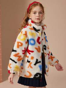 Girls' Casual Sporty Style High Neck Padded Coat With Letter Pattern Design, Winter - Multicolor - View 7