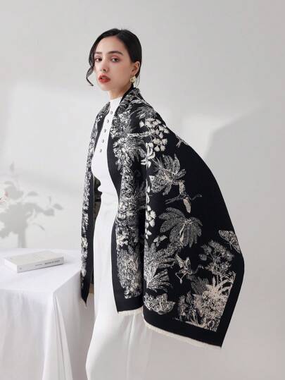 1 pezzo Scalda collo da donna in stile vintage con motivo floreale nero, in stile jacquard in finta cashmere con nappe, sciarpa ampia e avvolgente alla moda, adatta per uso quotidiano, semplice regalo