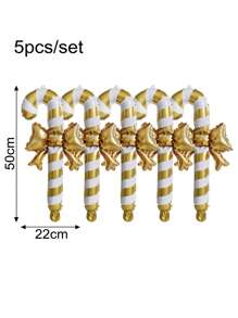 5pcs Golden Christmas Candy Cane Striped Balloons With Stick Set, Christmas