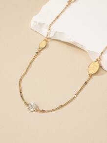 1pc Vintage Simple Full Rhinestone Metal Style Long Necklace Sweater Chain, Can Be Worn Alone Or Stacked - Gold - View 6