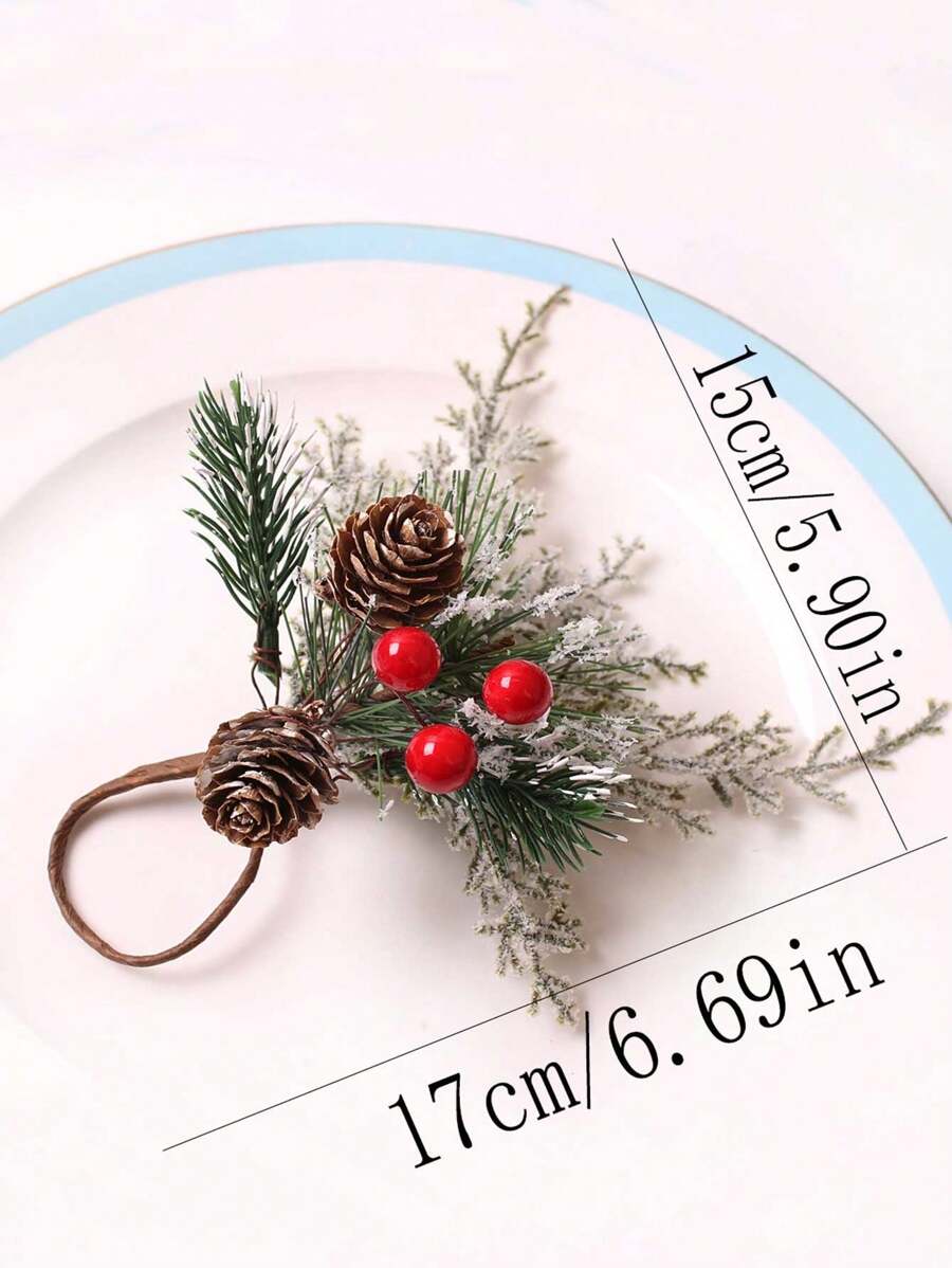 1pc Christmas Themed Table Decorations Red Berry & Cedar Napkin Rings