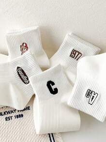 5雙白色透氣可愛刺繡短襪,適用於休閒、商務、運動、跑步女性