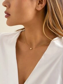 RAYQUEEN Collar minimalista de acero inoxidable, colgante de pentagrama, perfecto para uso diario - Mujer - Amarillo Oro - Ver 9