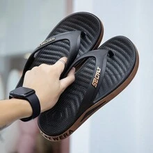 Men's Thick Bottom Flip Flops With Pvc Material Strap, Anti-skid Sole, 2-tone Color - Black - View 9