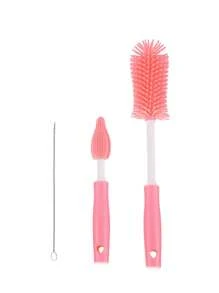 3件套矽膠奶瓶刷套裝:奶瓶刷、水瓶刷、奶嘴刷、吸管刷、多功能清潔刷-粉色 - 粉色 - 查看 1