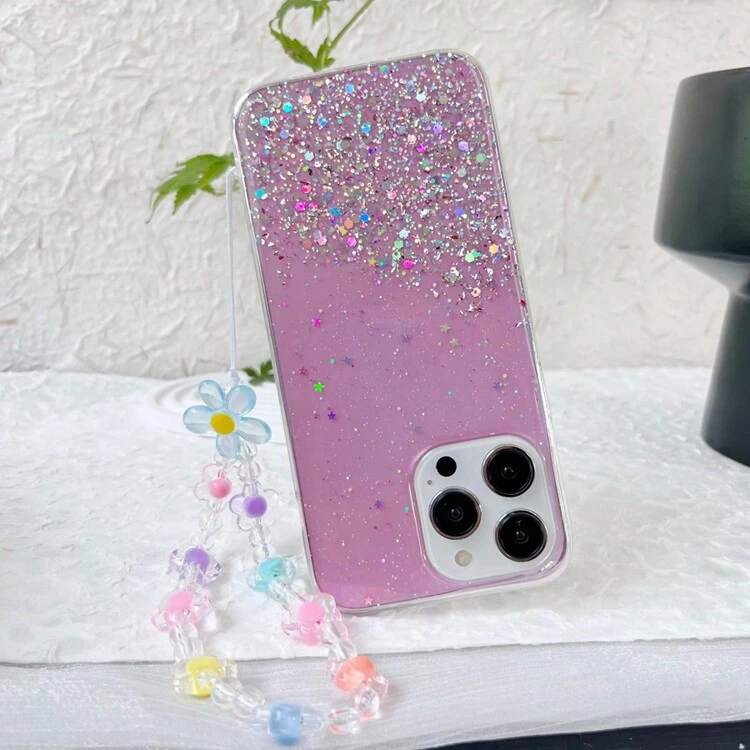 1pc New Pink Anti-Drop Glitter Starry Sky Tpu Fluid Case Cover With Colorful Flower Lanyard Strap For Women, Compatible With Iphone, Compatible With Samsung, Compatible With Oppo And Other Android Phones,International Version, Not The Domestic Version - Pink - View 2