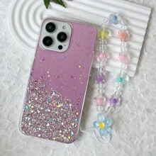 1入組新款粉色防摔流星天空tpu流體套,附多彩花朵掛繩,適用於女性,與iphone、三星、oppo及其他android手機兼容 - 粉色 - 查看 4