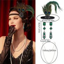 4入組1920年代復古風格頭帶、珍珠項鍊、長流蘇耳環和羽毛頭帶服裝配件套裝,適用於派對、表演和復古服裝打扮