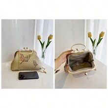 金色蝴蝶刺繡吻扣晚宴手拿包配金屬鏈和pu網,適用於婚禮,派對和舞會活動 - 金色 - 查看 8