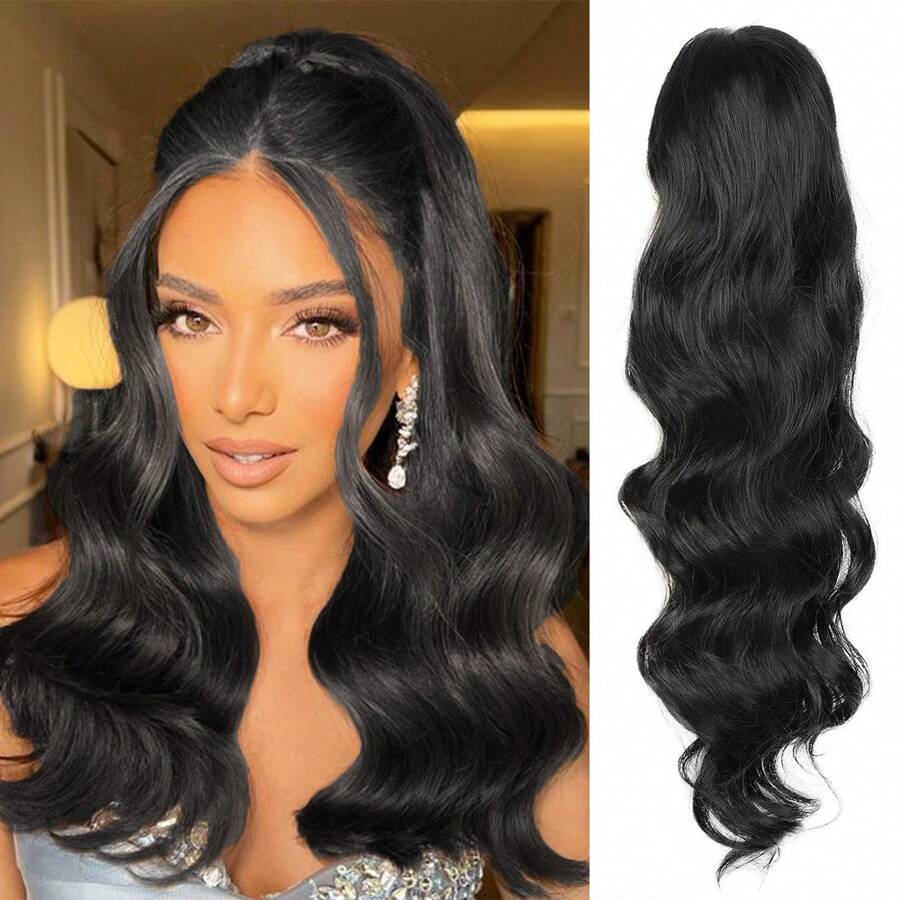 24in Black Synthetic Hair Extension, Women's Long Wavy Ponytail With Drawstring & Hair Clip, Daily Use - Black - View 1