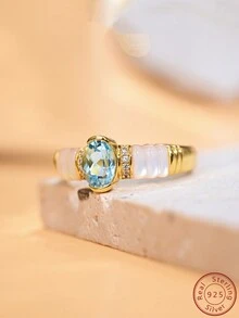 Cici Color 1 件全新 14k 镀金 S925 银镶嵌蓝色椭圆形天然托帕石，休闲可爱情侣礼物白色天然贝壳戒指，适合女性日常生活、约会、旅行，带礼盒