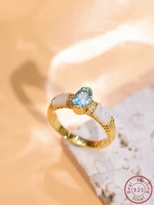 Cici Color 1 件全新 14k 镀金 S925 银镶嵌蓝色椭圆形天然托帕石，休闲可爱情侣礼物白色天然贝壳戒指，适合女性日常生活、约会、旅行，带礼盒