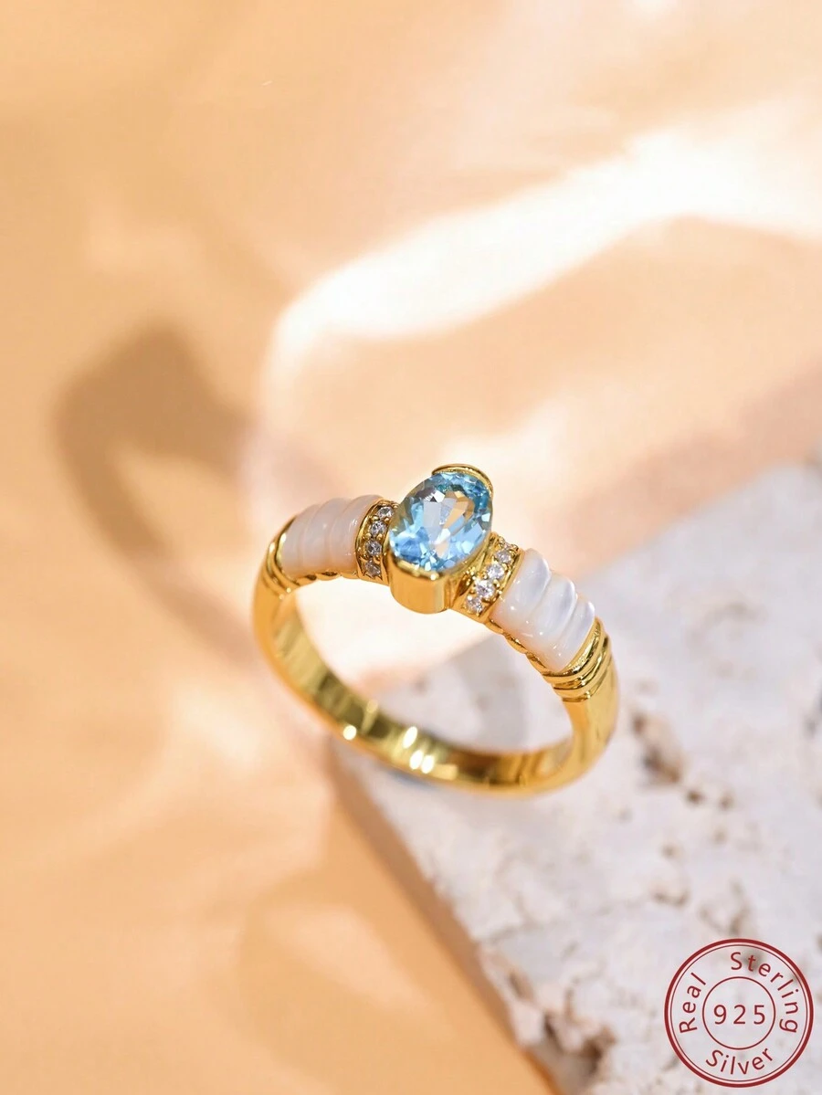 Cici Color 1 件全新 14k 镀金 S925 银镶嵌蓝色椭圆形天然托帕石，休闲可爱情侣礼物白色天然贝壳戒指，适合女性日常生活、约会、旅行，带礼盒