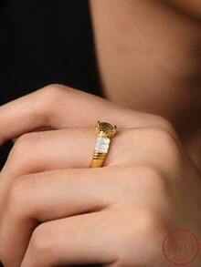 Cici Color 1 件全新 14k 镀金 S925 银镶嵌蓝色椭圆形天然托帕石，休闲可爱情侣礼物白色天然贝壳戒指，适合女性日常生活、约会、旅行，带礼盒