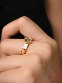 Cici Color 1 件全新 14k 镀金 S925 银镶嵌蓝色椭圆形天然托帕石，休闲可爱情侣礼物白色天然贝壳戒指，适合女性日常生活、约会、旅行，带礼盒