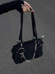 甜美時尚的金屬鏈裝飾,暗黑哥特風格b2y風格龐克復古腋下肩袋 - 黑色 - 查看 2