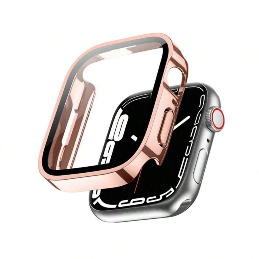 配有電鍍直邊的防水PC殼，鍍化玻璃屏幕保護器，適用於Apple Watch S8/S7 - 玫瑰金 - 查看 1