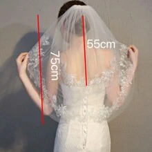 1 chiếc khăn voan cô dâu ngắn hai lớp thanh lịch kèm lược, dây bạc mịn và viền ren, hoàn hảo cho trang phục cưới mùa thu dành cho phụ nữ - Màu be - Xem 5