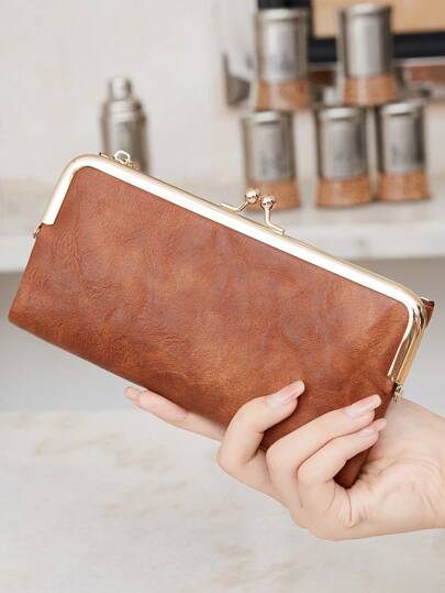 MIYIN 复古对折拉链吻锁钱包，女士钱包，带卡槽和身份证窗口，简约PU皮长款钱包，适合女性日常使用，棕色