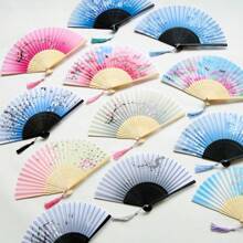 1入女士7英寸折疊扇,設有“一笑”圖案,中日風格手持扇適用於旗袍、角色扮演或其他場合 - 藍色 - 查看 3