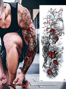 1 Pieza Tatuaje De Manga Completa Impermeable Grande Para Brazo/pierna/espalda Con Diseño De Flor De Cerezo/ Rosa Con Llave Y Cadena - Negro - Ver 2