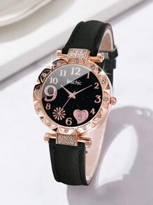 1 Đồng hồ đeo tay thạch anh dây da PU thời trang có đính đá Rhinestone trang trí hình bầu trời đầy sao & mặt đồng hồ hình trái tim + 1 Bộ vòng tay cho nữ (2 chiếc/bộ) làm quà tặng cho học sinh trở lại trường vào ngày lễ tình nhân - màu đen - Xem 4