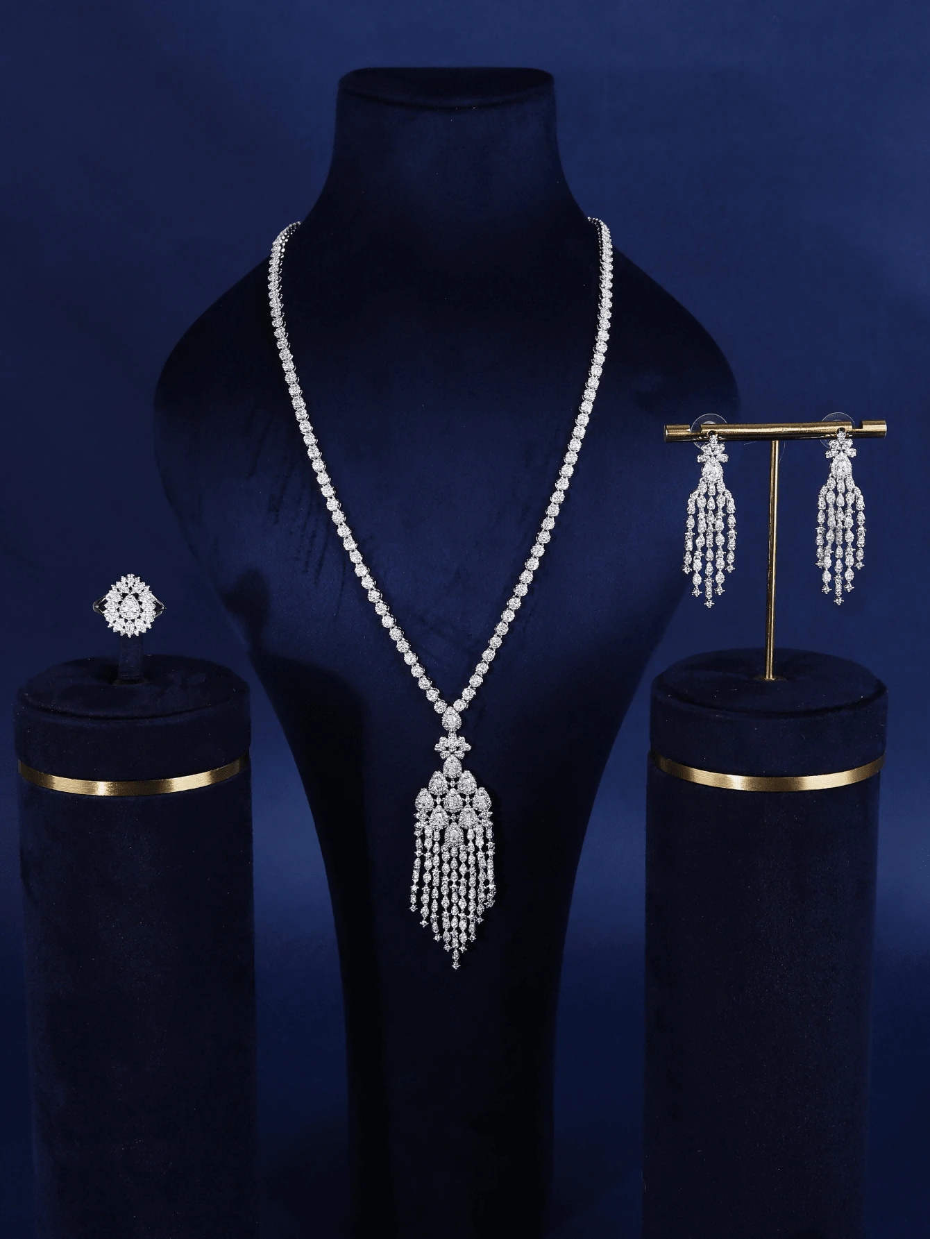 Thời trang Chói sáng Thiết kế Tua Giọt nước Zirconia Rô-đi-um Dây chuyền lễ Phục sinh Hoa tai Nhẫn Sang trọng Bộ trang sức - tua rua giọt nước - Xem 1