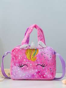 儿童独角兽扎染毛绒单肩包，可爱单肩收纳包，彩色女童斜挎手提包 - 彩色 - 查看 1