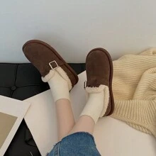 女士加厚絨面滑步鞋,厚實柔軟底部,保暖舒適,流行秋冬平底鞋 - 咖啡棕 - 查看 2