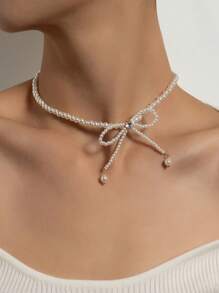 仿珍珠串珠蝴蝶结装饰项链，情人节礼物，送给妈妈的礼物，母亲节礼物 - 白色 - 查看 2