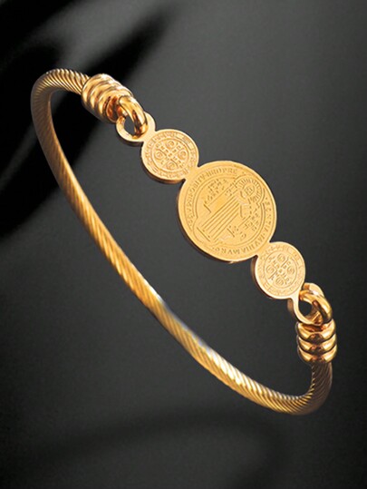 1pc Gold-tone Fashionable Stainless Steel Open Cuff Bracelet With Three Circle Disc Charm, Simple Style