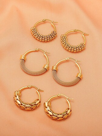 3Pairs European And American Personalized Fashion Stainless Steel Ring Hollow Mesh Earrings Allergy Proof Titanium Steel Exaggerated Earrings