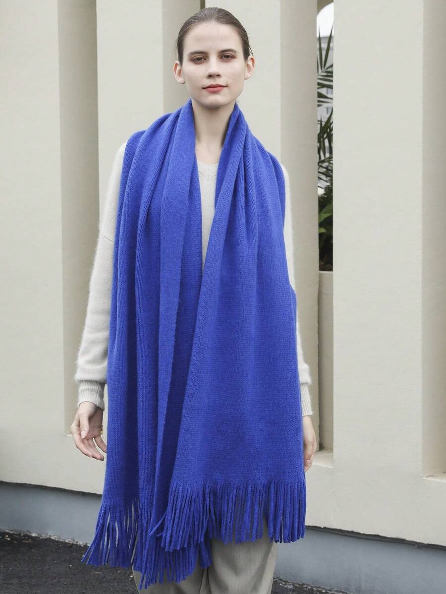 1 件女士纯色针织涤纶围巾，温暖时尚的围巾，适合秋冬季日常使用 - 寶藍色 - 查看 1