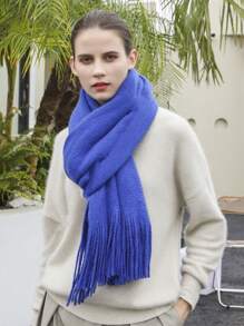 1 件女士纯色针织涤纶围巾，温暖时尚的围巾，适合秋冬季日常使用 - 寶藍色 - 查看 3