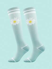 1pair Women's Simple & Fashionable Light Blue Floral Graduated Compression Socks For Outdoor Sports - Baby Blue - View 2