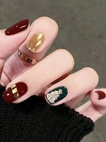 24pcs Eye-catching Short Square Shape Vintage & Christmas & Fall & Colorful & Sweet & Cool & Sexy & Ins Style Nail Sticker Set + 1 Jelly Gel + 1 Nail File - Multicolor - View 1