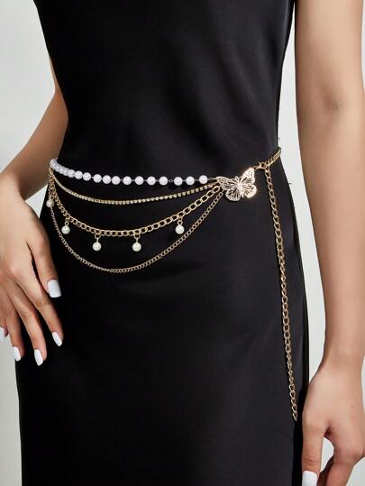 1 Stück Damen Taillen Kette mit personalisierter Kunstperle & Schmetterling Mehrschicht Quaste Design, geeignet für Hochzeit, Geburtstag, Alltag und als Taillenzubehör, Länge 105cm, elegant für Halloween, Sommer, Schule, Herbst, Halloween