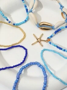 7 chiếc Vòng tay vỏ sò & hạt gạo phong cách Bohemian với mặt dây chuyền sao biển, Bộ vòng tay nữ (Màu sắc hạt gạo ngẫu nhiên) - Màu xanh lam - Xem 6