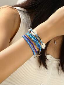 7 chiếc Vòng tay vỏ sò & hạt gạo phong cách Bohemian với mặt dây chuyền sao biển, Bộ vòng tay nữ (Màu sắc hạt gạo ngẫu nhiên) - Màu xanh lam - Xem 2