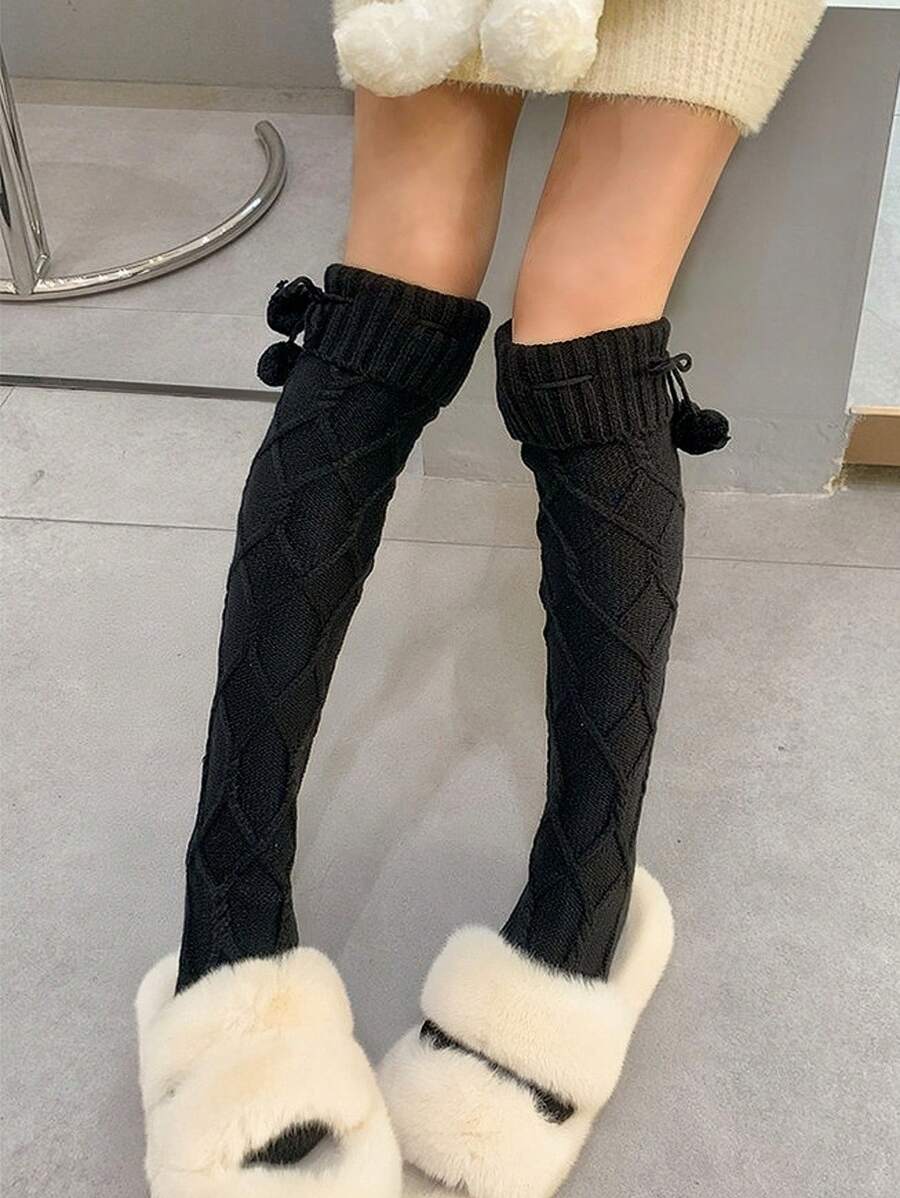 1 雙女用蘿莉塔風格聖誕針織長襪,附絨球和辮子 - 黑色 - 查看 1