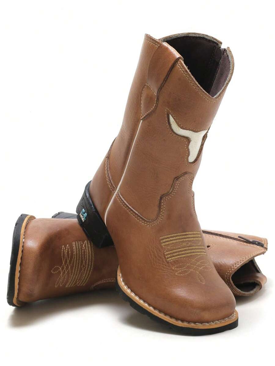 Bota Texana Country Infantil RR Botas Com Bordado Boi Bico Quadrado