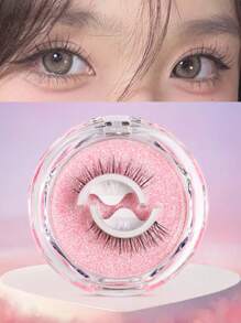 Reusable Self Adhesive Eyelashes, 1 Pair 7-10mm Length Full Strip False Eyelashes, Slouchy Style No Glue Needed, Soft, Natural, Curly, Long, Simulation, Fluffy, Tapered, 3d Effect, Rooted, Lightweight, Skin-Friendly, No Burden, Reusable, Replacement Glue Included, Suitable For Daily & Work Makeup, Portable, Non-Bulky, Multiple Usages, Manga Eyelashes , Japanese Makeup Thick And Natural Look Wispy Eyelash Extensions , Asian Korean Cosplay Anime False Eyelashes Makeup Tool - Black - View 1