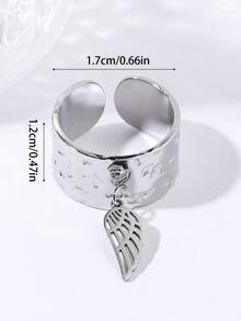 1pc Minimalist Wing Design Titanium Steel Adjustable Ring With Pendant - Silver - View 4
