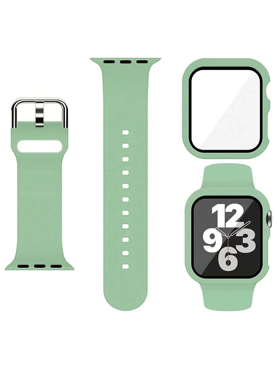 2 件/套绿色男女可爱柔软硅胶运动表带和二合一屏幕保护膜超薄钢化膜表壳，适用于 表带 38/40/41/42/44/45/46/49 毫米，Series Ultra/SE/11/10/9/8/7/6/5/4/3/2/1，智能手表表壳配件